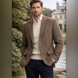 Lauren Ralph Lauren Brown Tweed Lambswool Blazer Jacket Size 44R